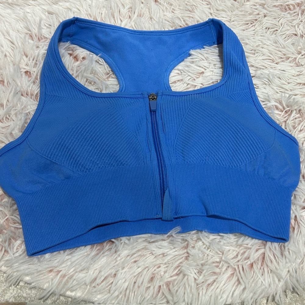 Bundle of 2 Sports Bra Women Large Blue White Zip Front Ribbed Activewear Gym - Picture 3 of 6